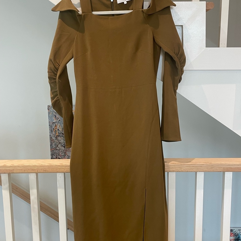 Tibi olive green cold-shoulder sheeth dress size 2